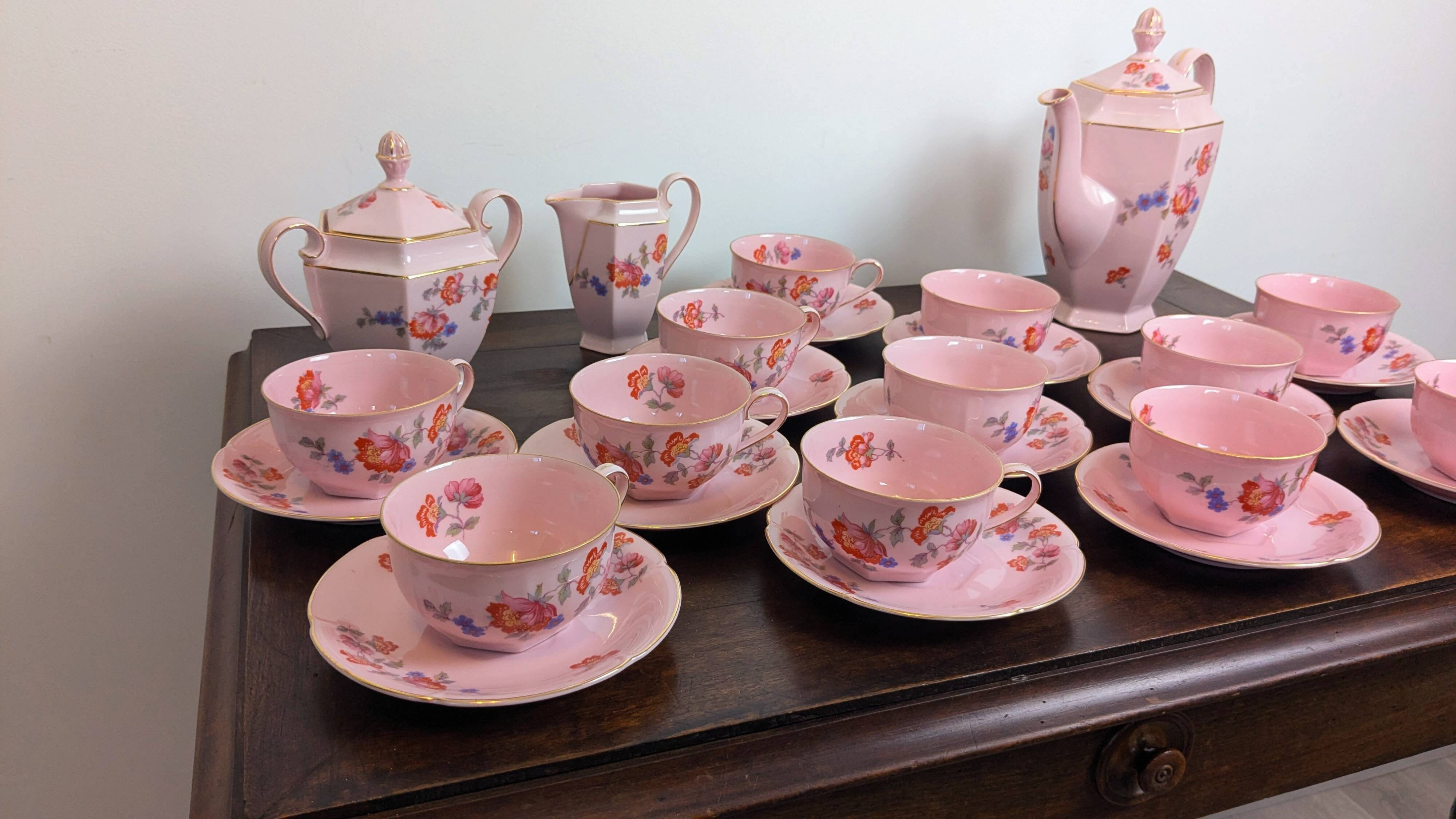 Epiag Czechoslovakia 27-piece art deco pink porcelain coffee set