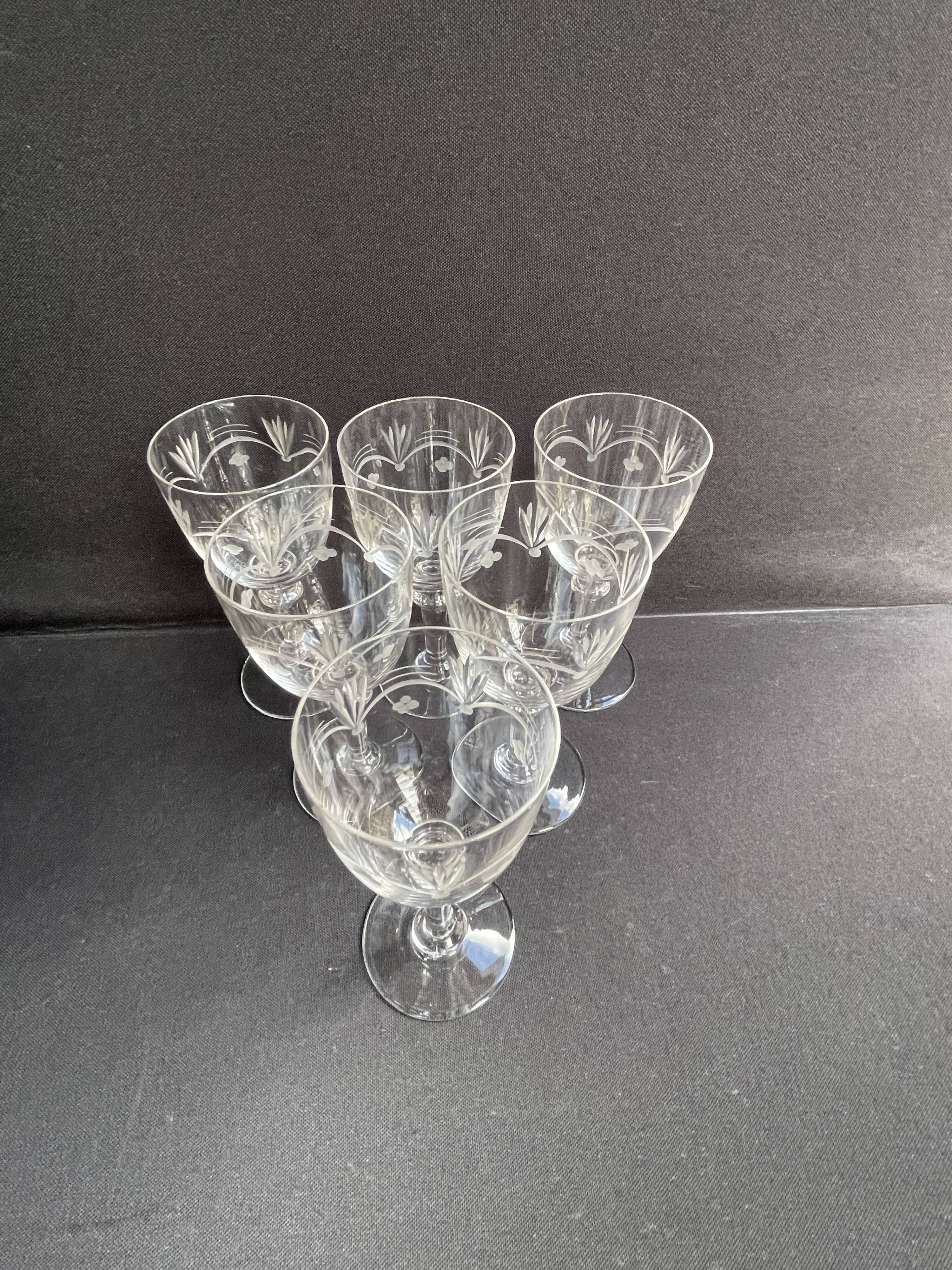 6 White wine or port glasses in blown, cut and engraved crystal