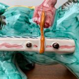 Vintage Italian hand-painted sculpture of a donkey with a cart in the shape of a bowl from Deruta, Italy.