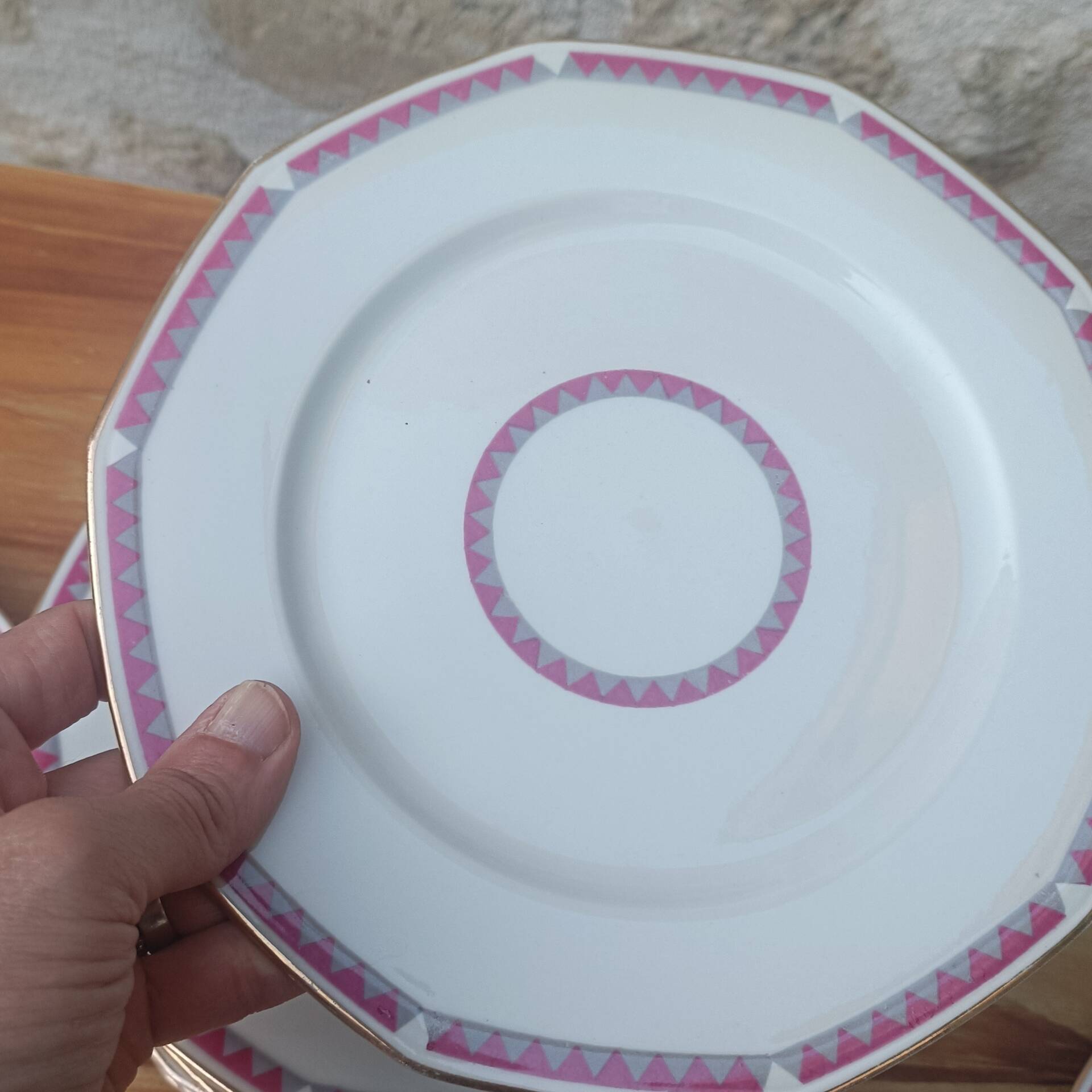 Art Deco dessert plates in pink Limoges porcelain