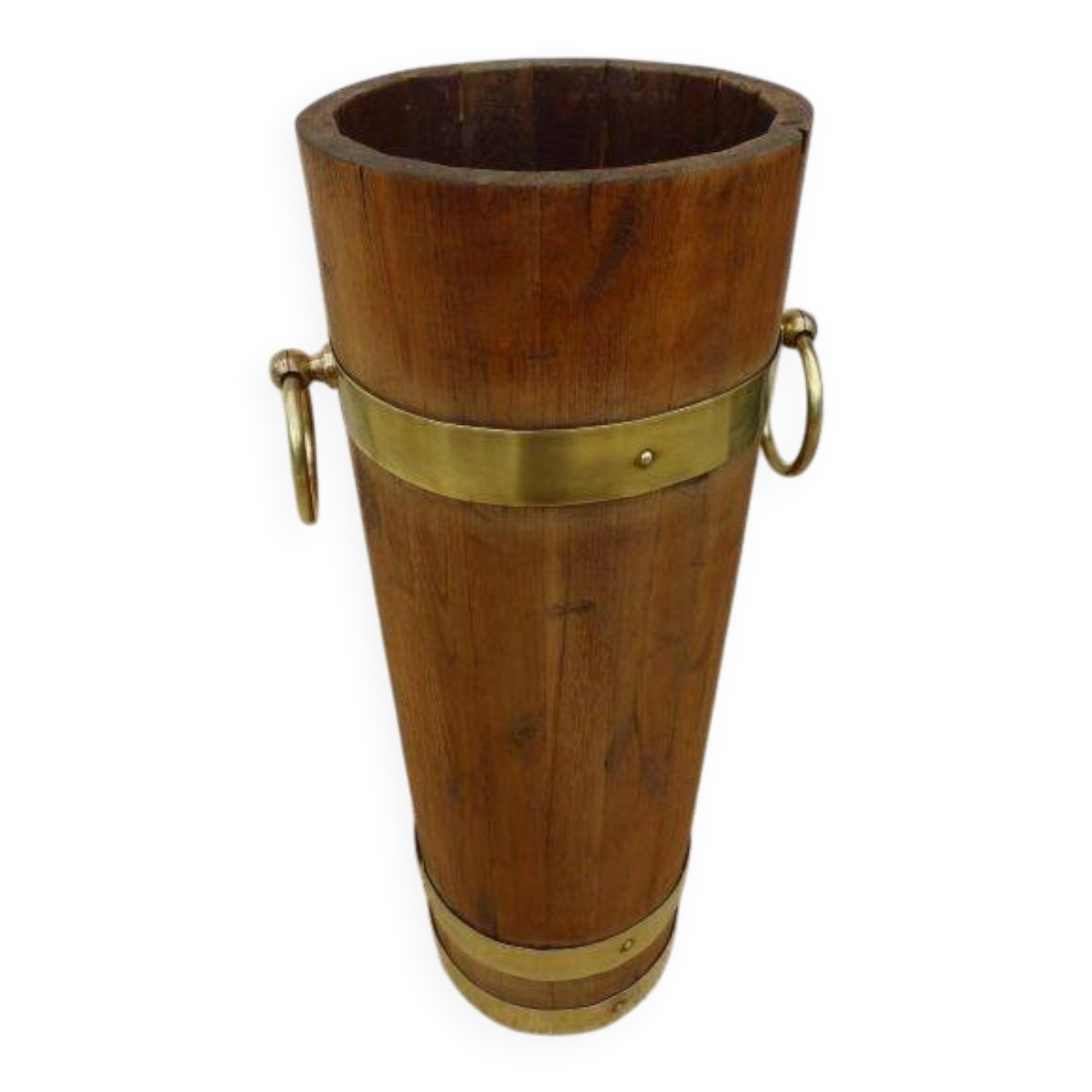 Victorian style barrel umbrella stand, solid oak, curved with 3 bands and gr.