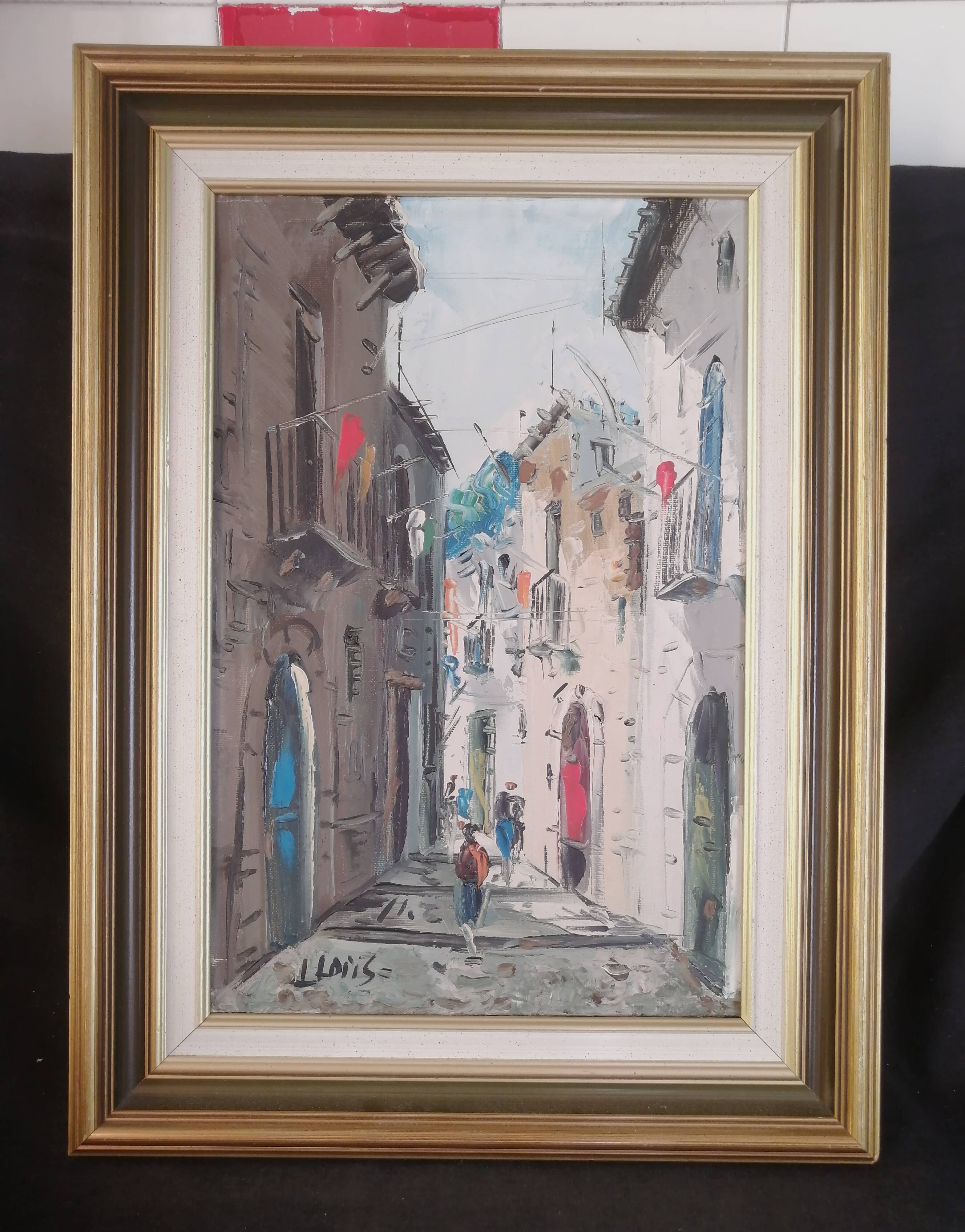 Street landscape - oil on canvas, framed and signed (to be deciphered)
