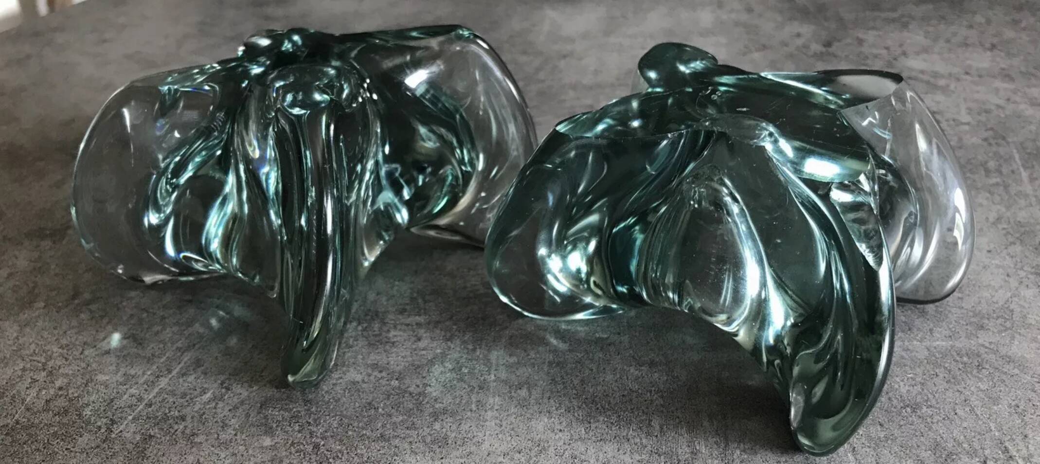 Pair of vintage blue/green tinted glass candlesticks from the 70s