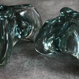 Pair of vintage blue/green tinted glass candlesticks from the 70s