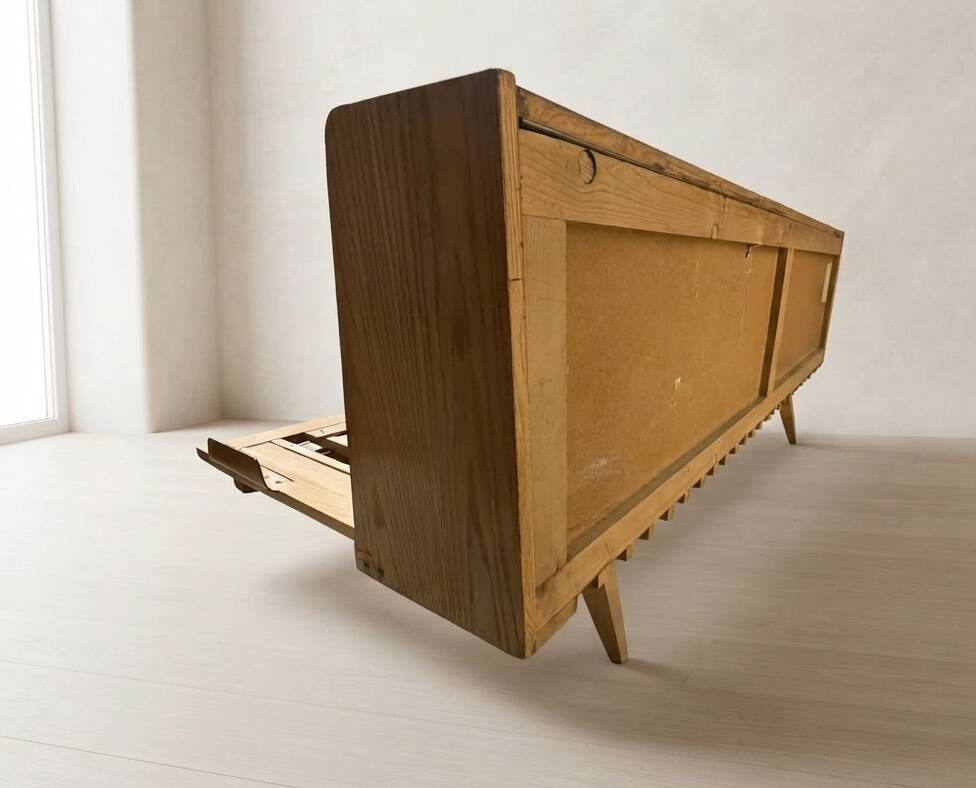 Mid-century wooden folding sofa bed frame, extendable daybed, Czechoslovakia, 190 × 151 × 77 cm