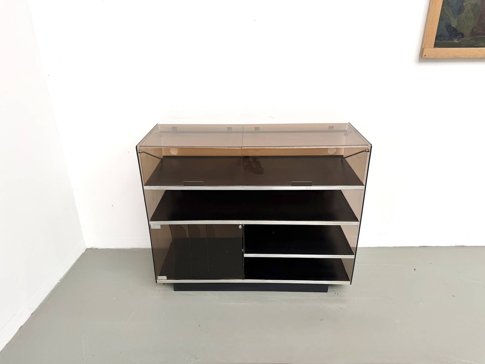 Hi-Fi furniture in smoked plexiglass and aluminium, Eric Maville