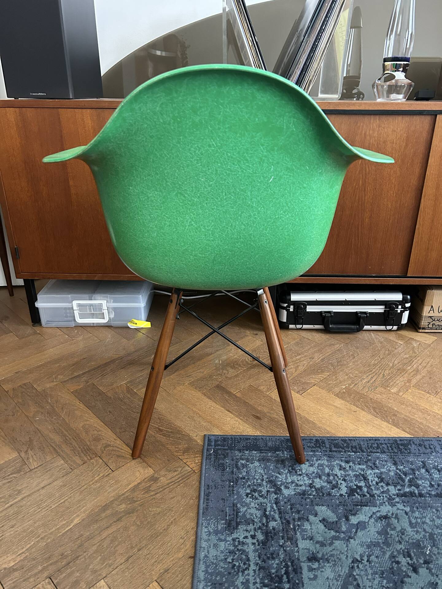 Ray and Charles Eames Fibreglass Arm Shell Dowel Chair Green