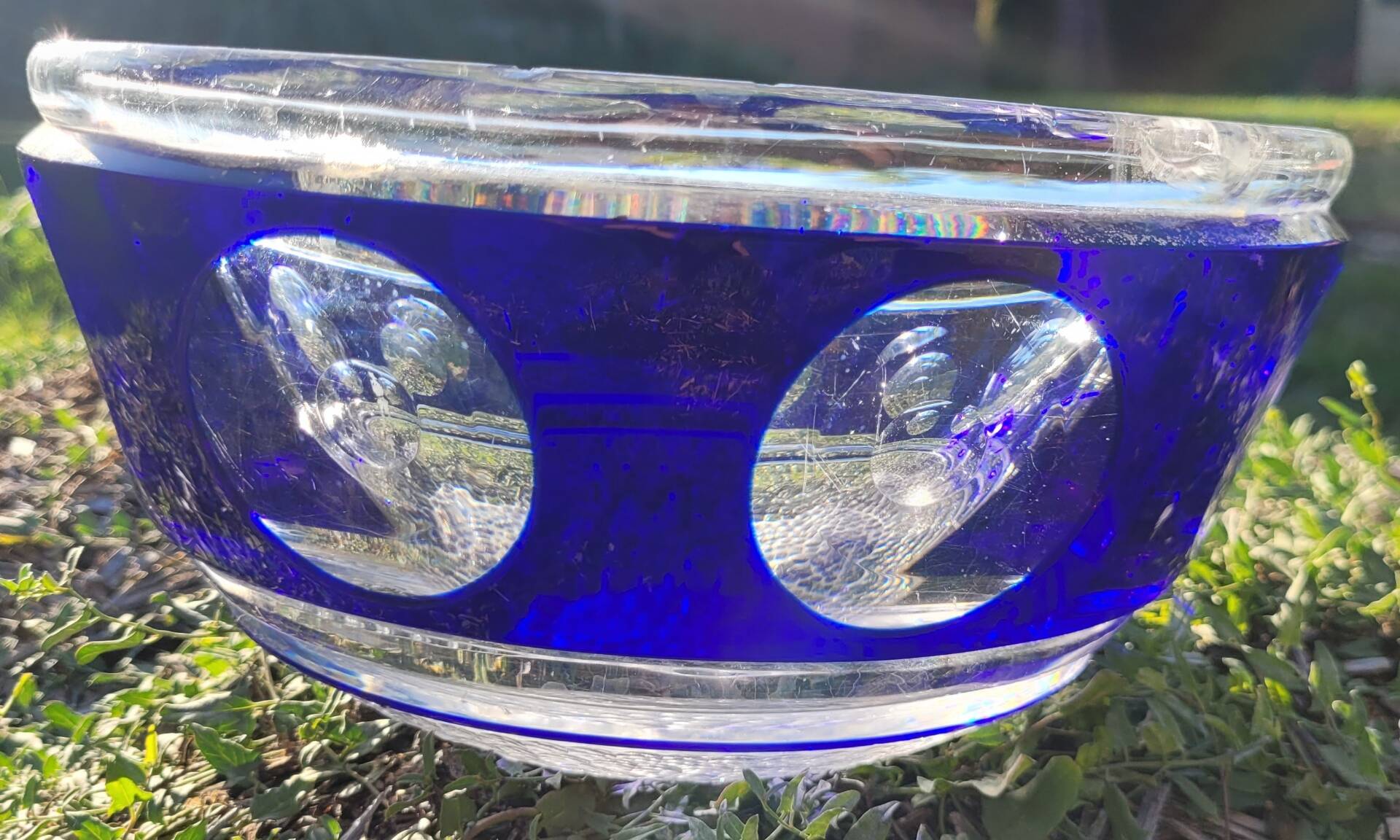 cobalt blue glass bowl with round lenses