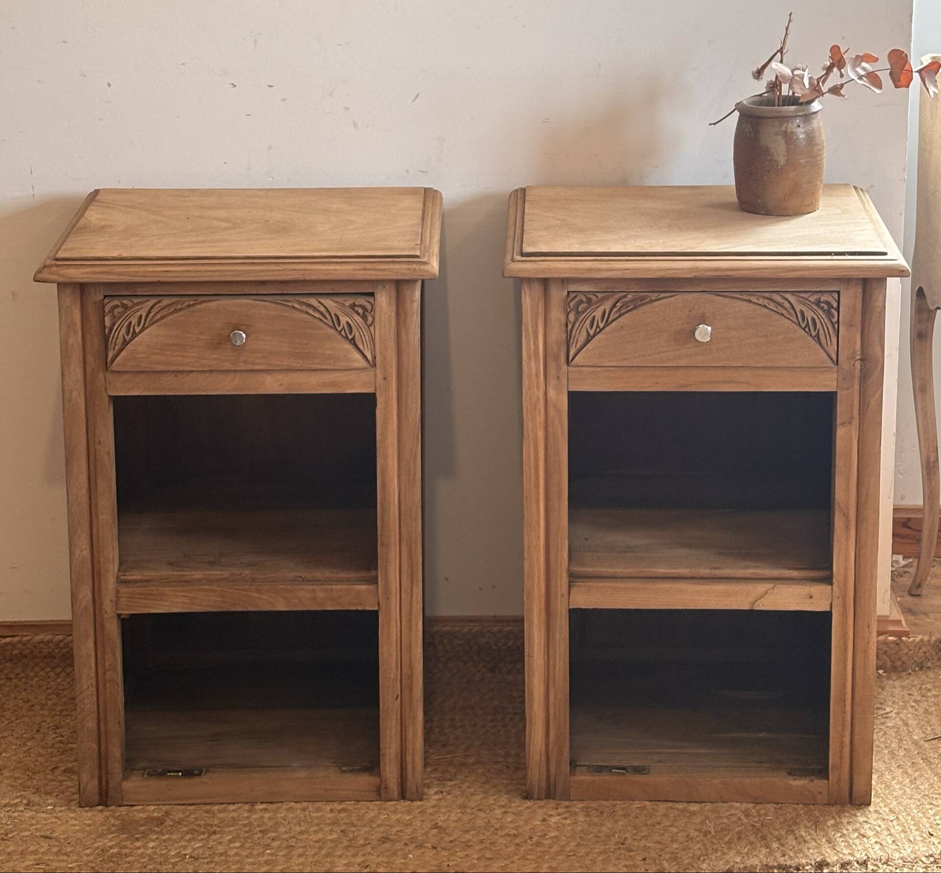 Pair of antique bedside tables / nightstands in raw solid oak.