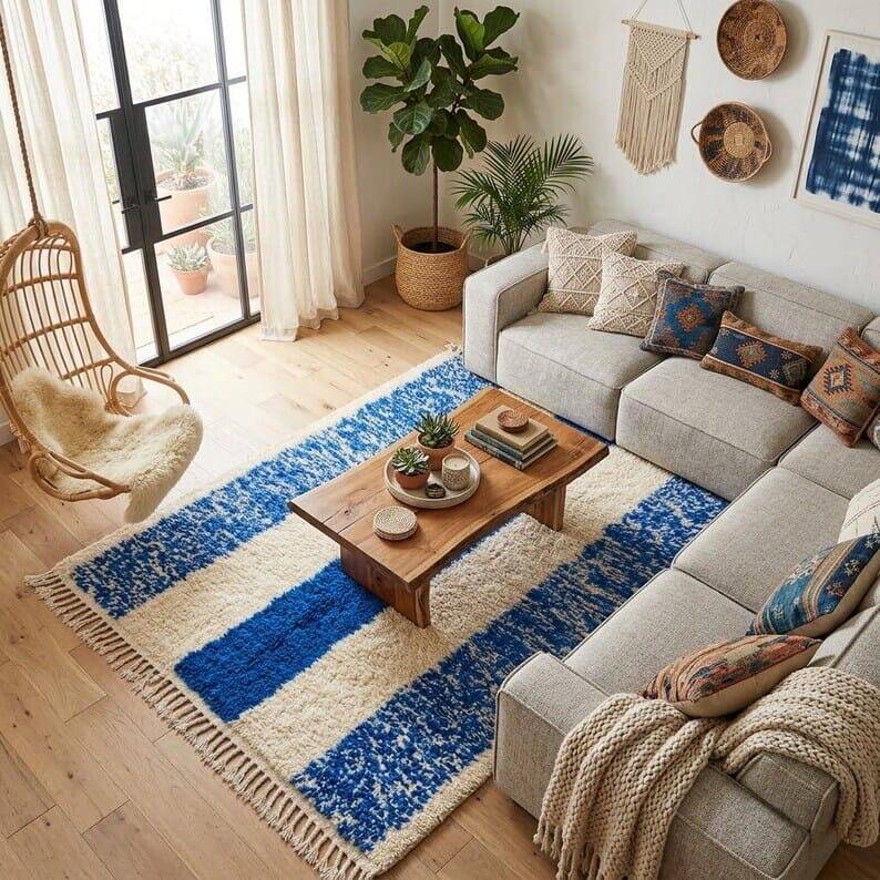 Authentic traditional blue natural wool rug 2.5/3.5 m