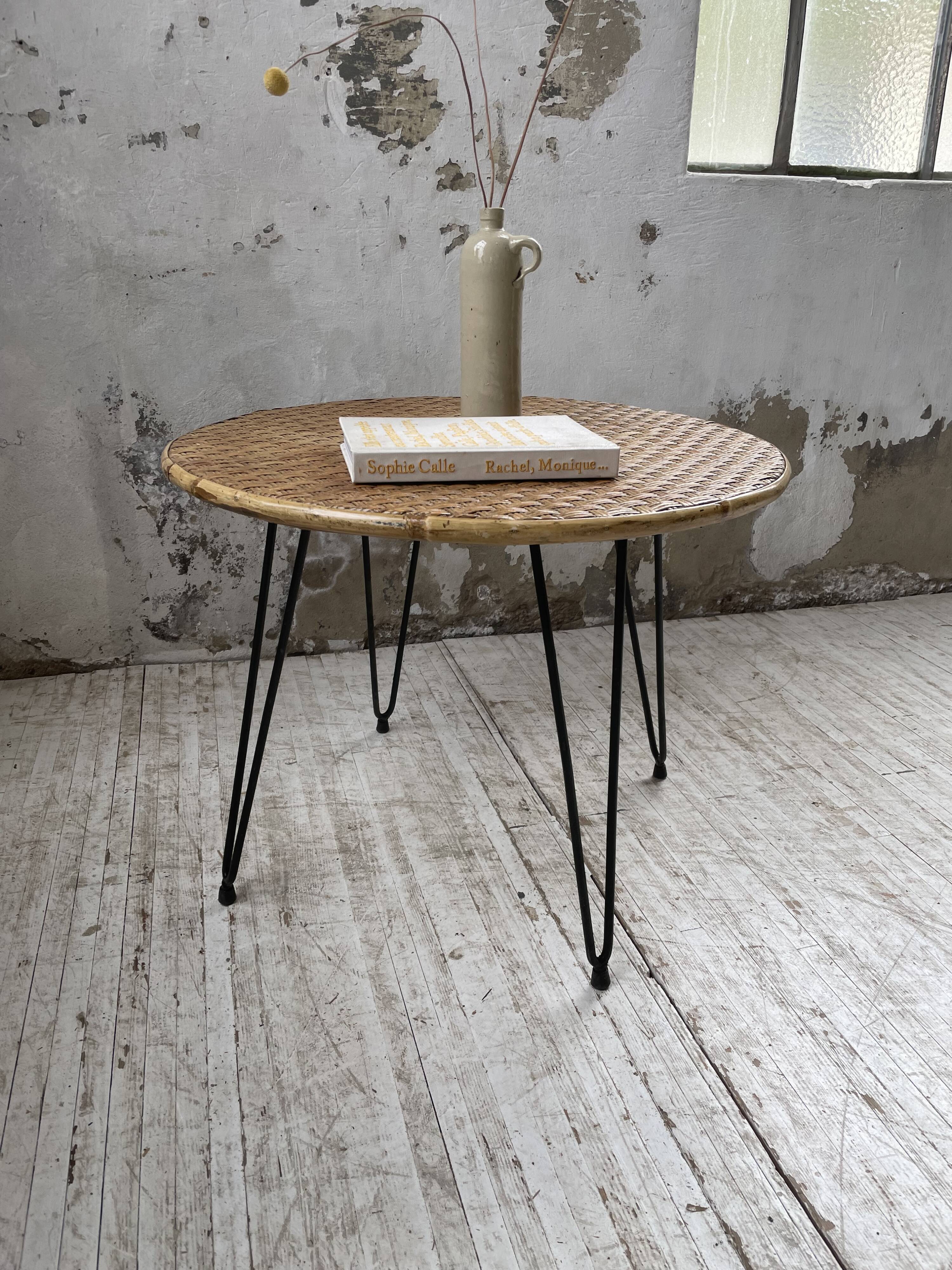 Wicker and metal coffee table from the 1950s