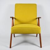 Fauteuil vintage original restauré des années 60, jaune, teck