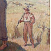 Huile sur panneau isorel – Les moissonneurs en pause c. 1930–1940