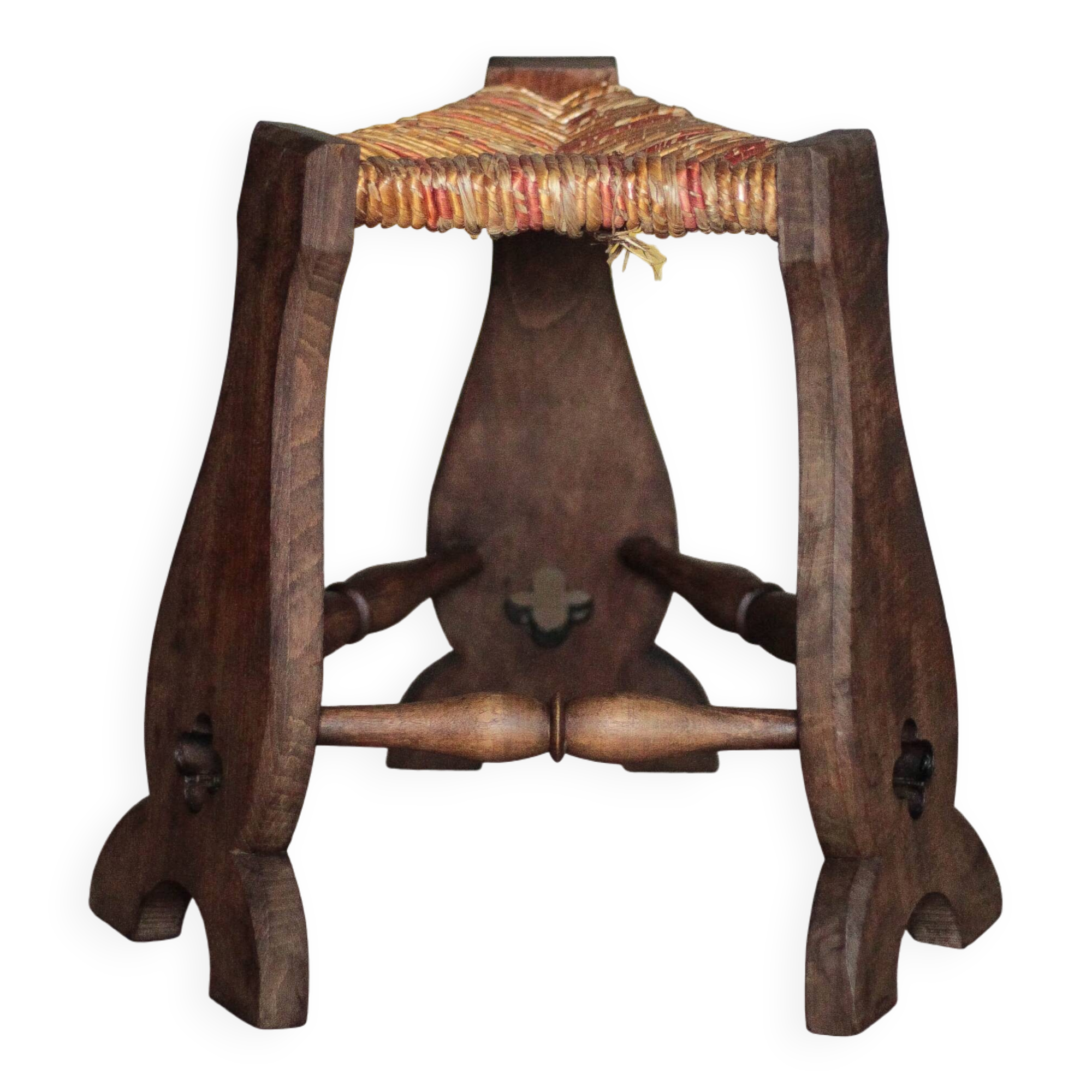 Wood and rush tripod stool, vintage stool, Gothic style stool