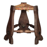 Wood and rush tripod stool, vintage stool, Gothic style stool