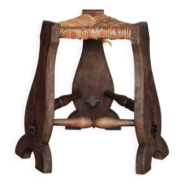 Wood and rush tripod stool, vintage stool, Gothic style stool