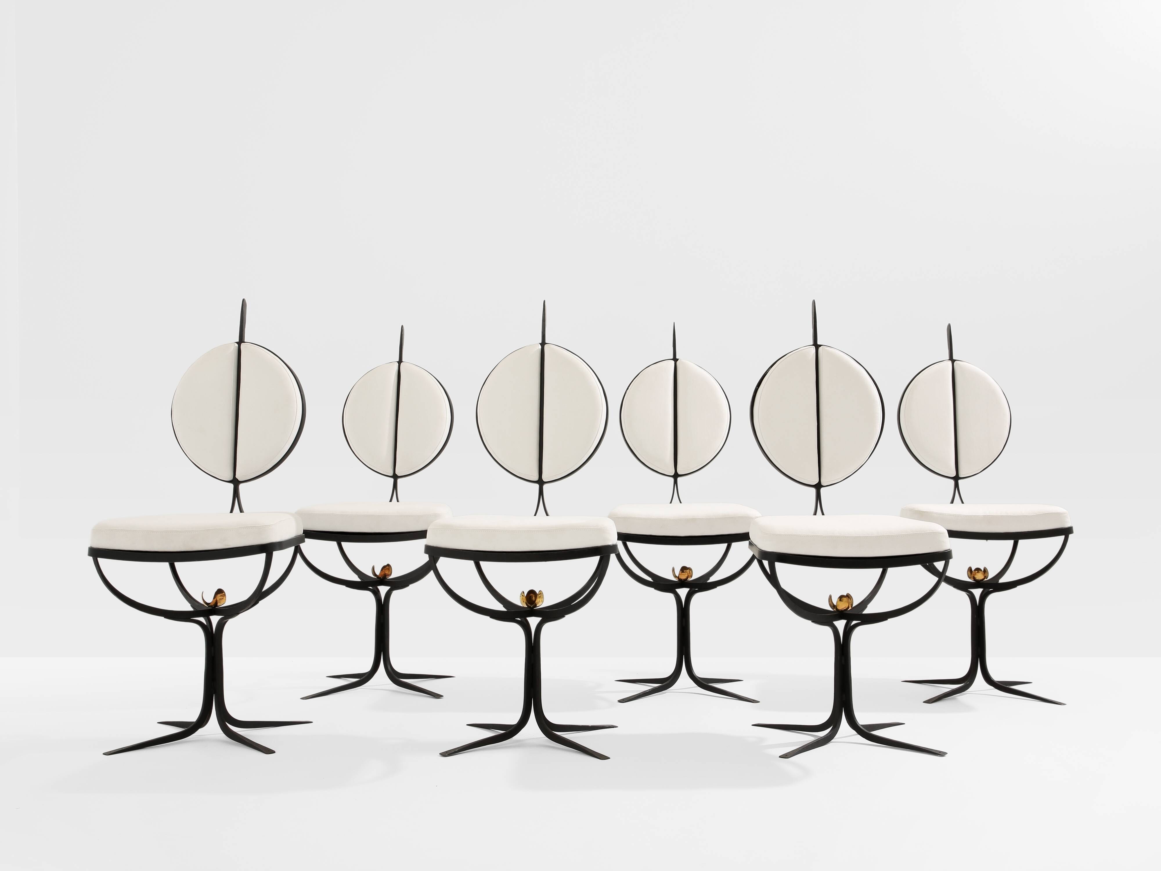 Set of 6 brutalist wrought iron and alcantara chairs from 1990.