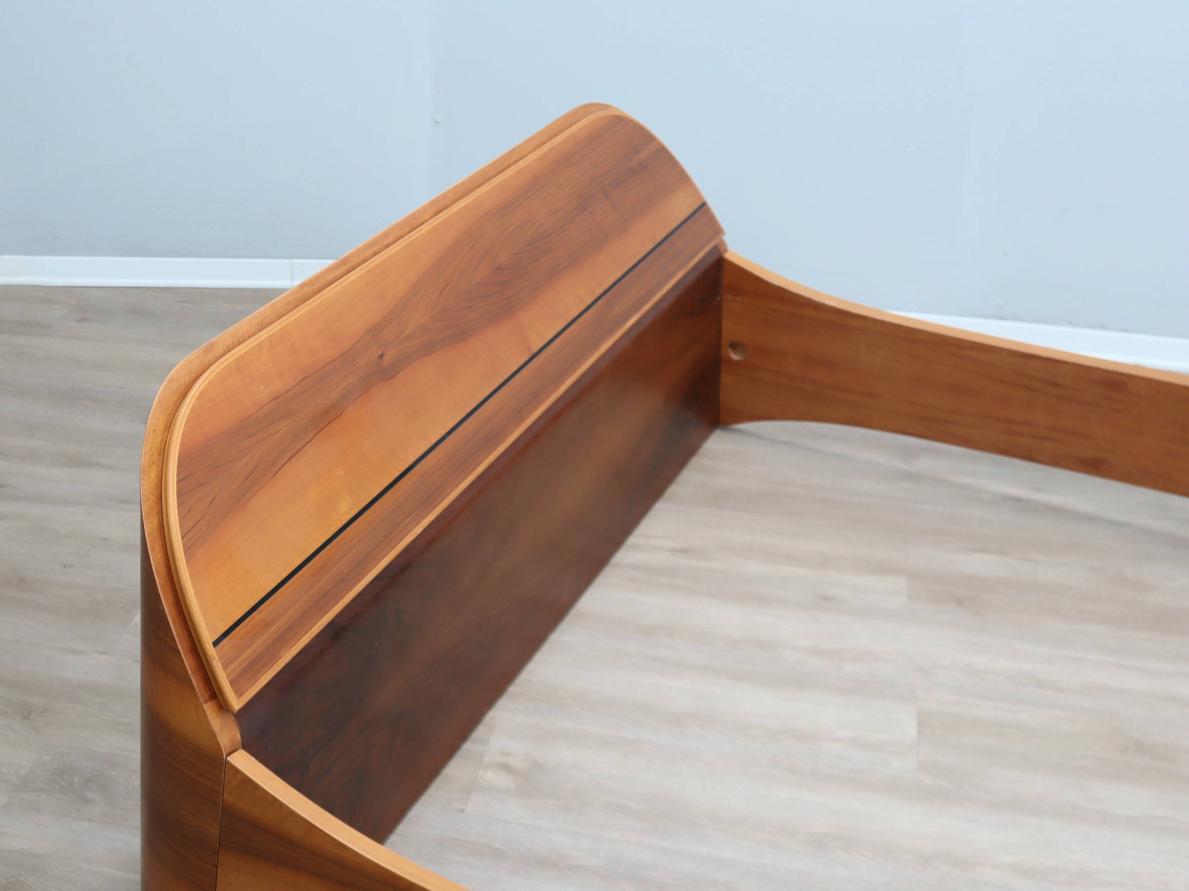 Italian 1970s Curved Walnut Bed Frame with Storage Headboard