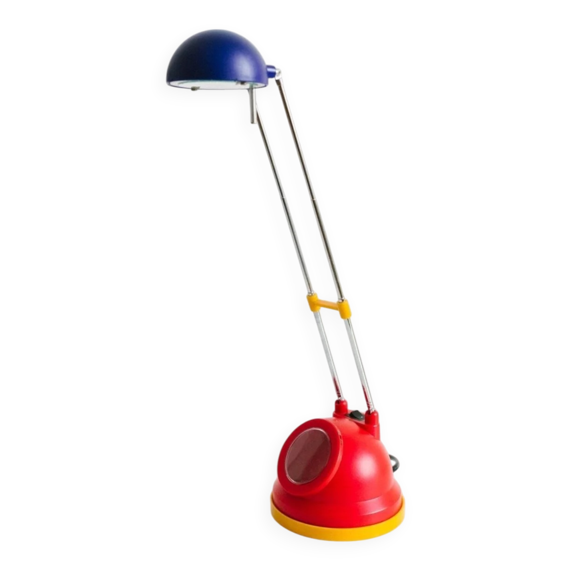 Blue-painted metal shade, chrome articulated arm desk lamp in Memphis-style 80s Pop Art with red base and yellow accents