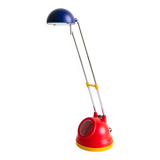 Blue-painted metal shade, chrome articulated arm desk lamp in Memphis-style 80s Pop Art with red base and yellow accents