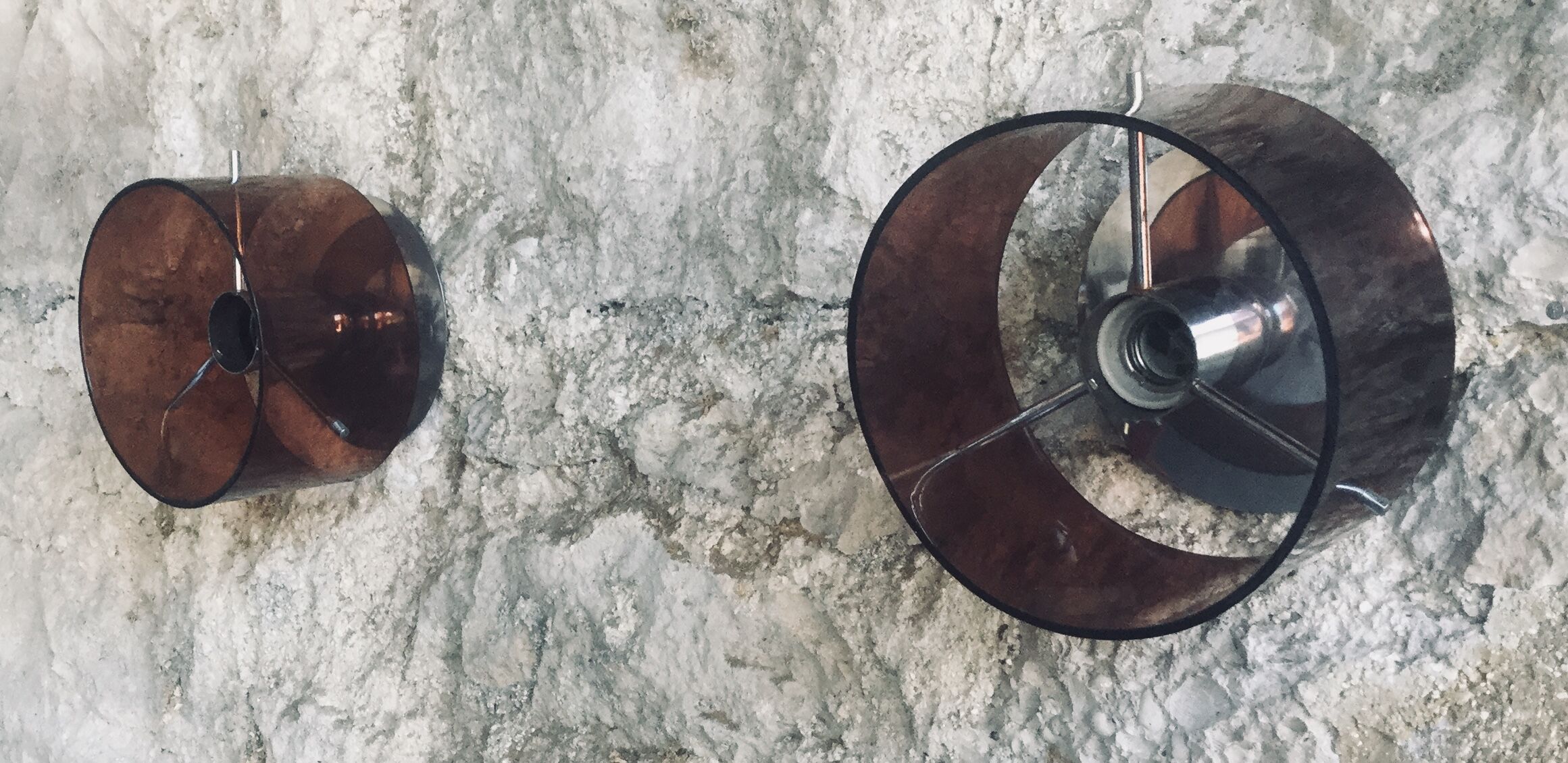 Pair of round sconces in plexigas and chrome metal  1970