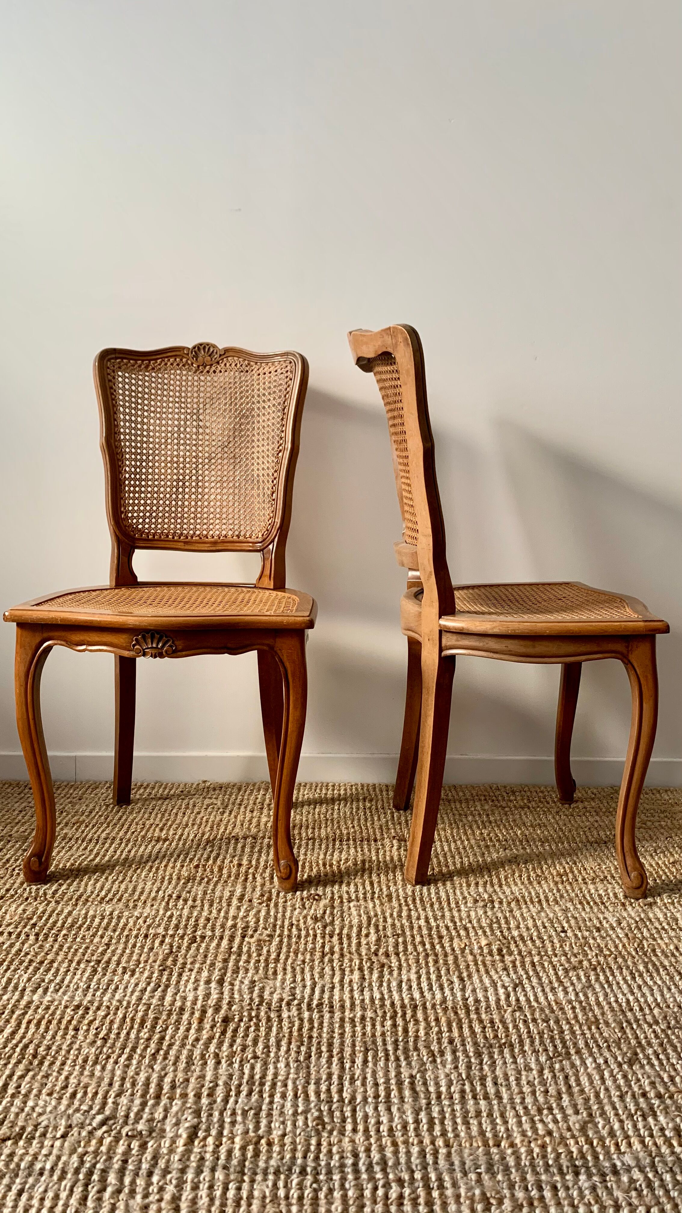 Pair of Louis XV style beech tanned chairs with shell pattern