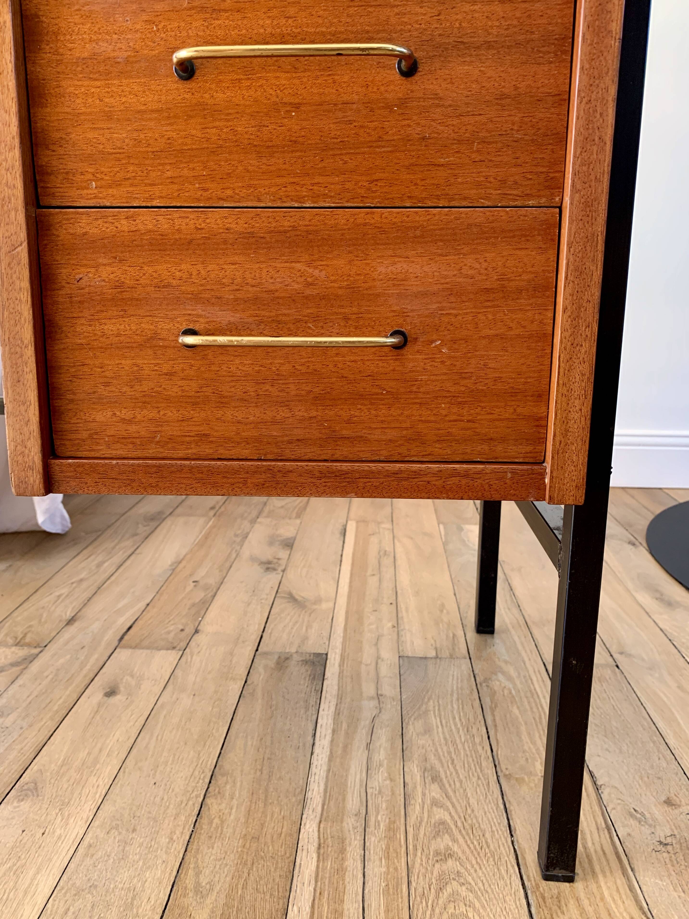 lacquered wood desk and black steel legs design from the 60s and 70s