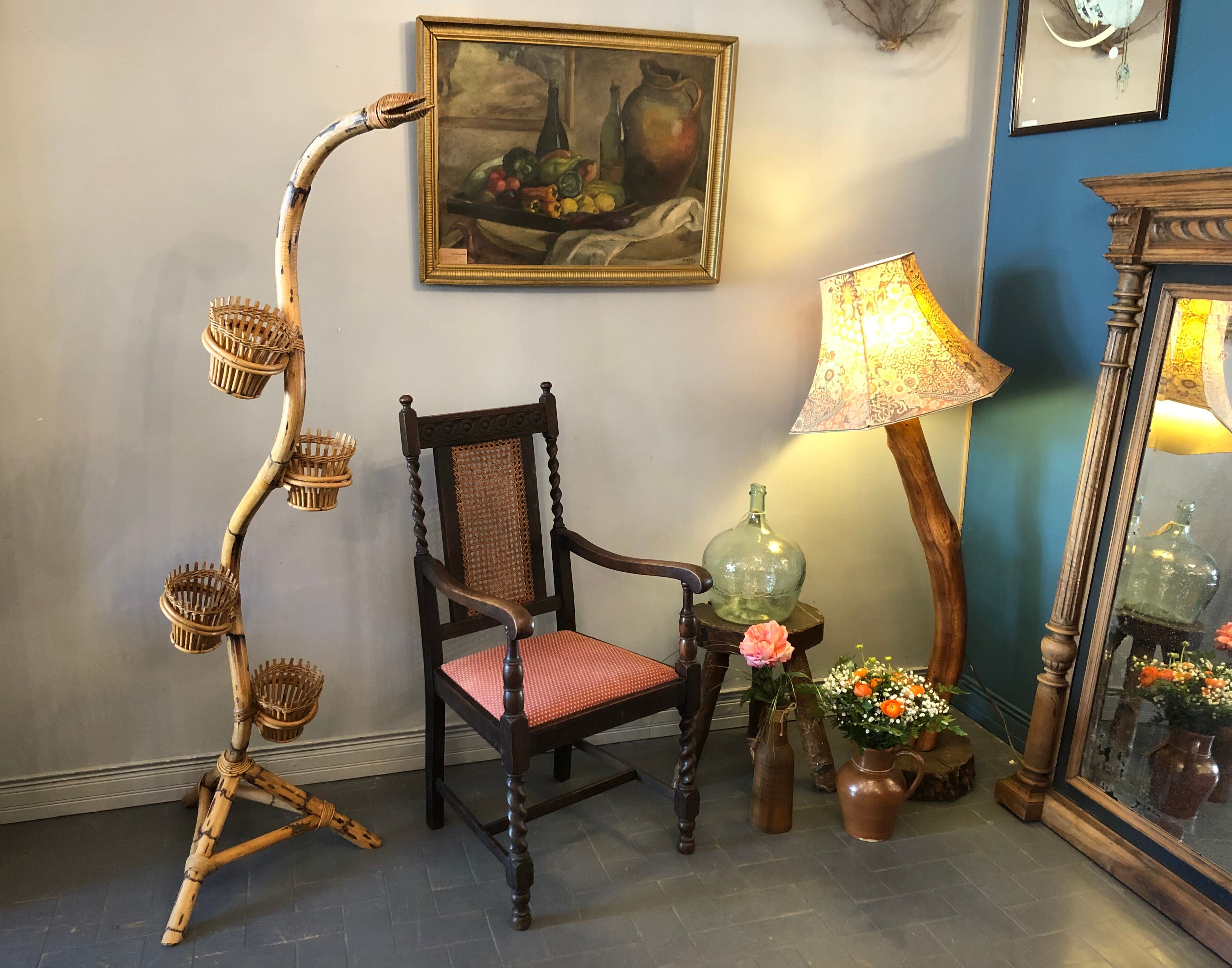 Carved wooden armchair and cannage