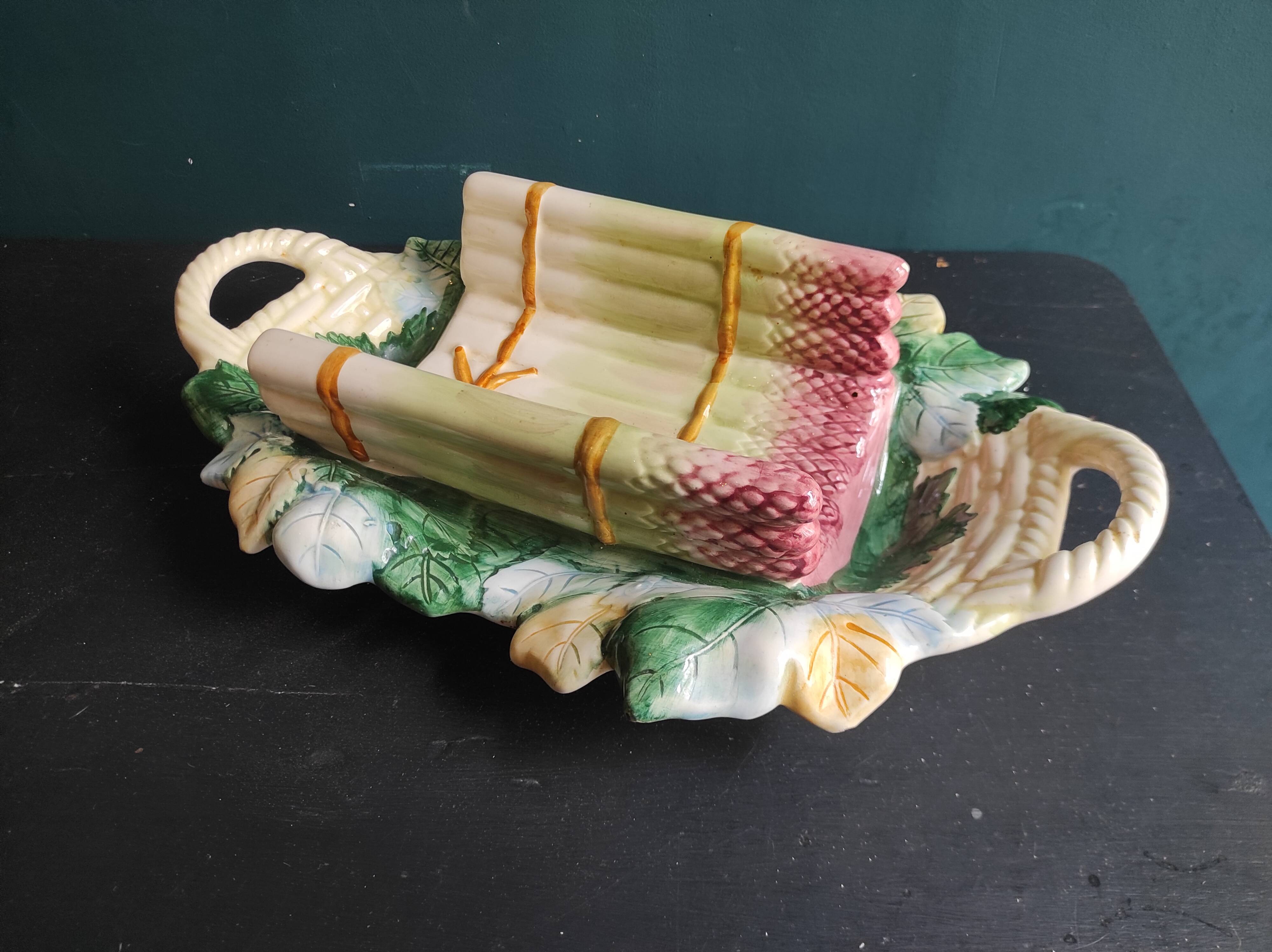 Vintage French asparagus serving tray in Majolica