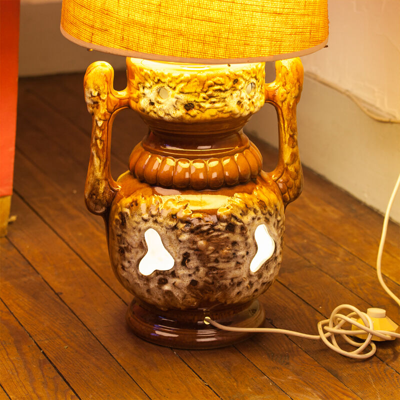 Of the 1970s vintage, foot in ceramic and fabric shade floor lamp