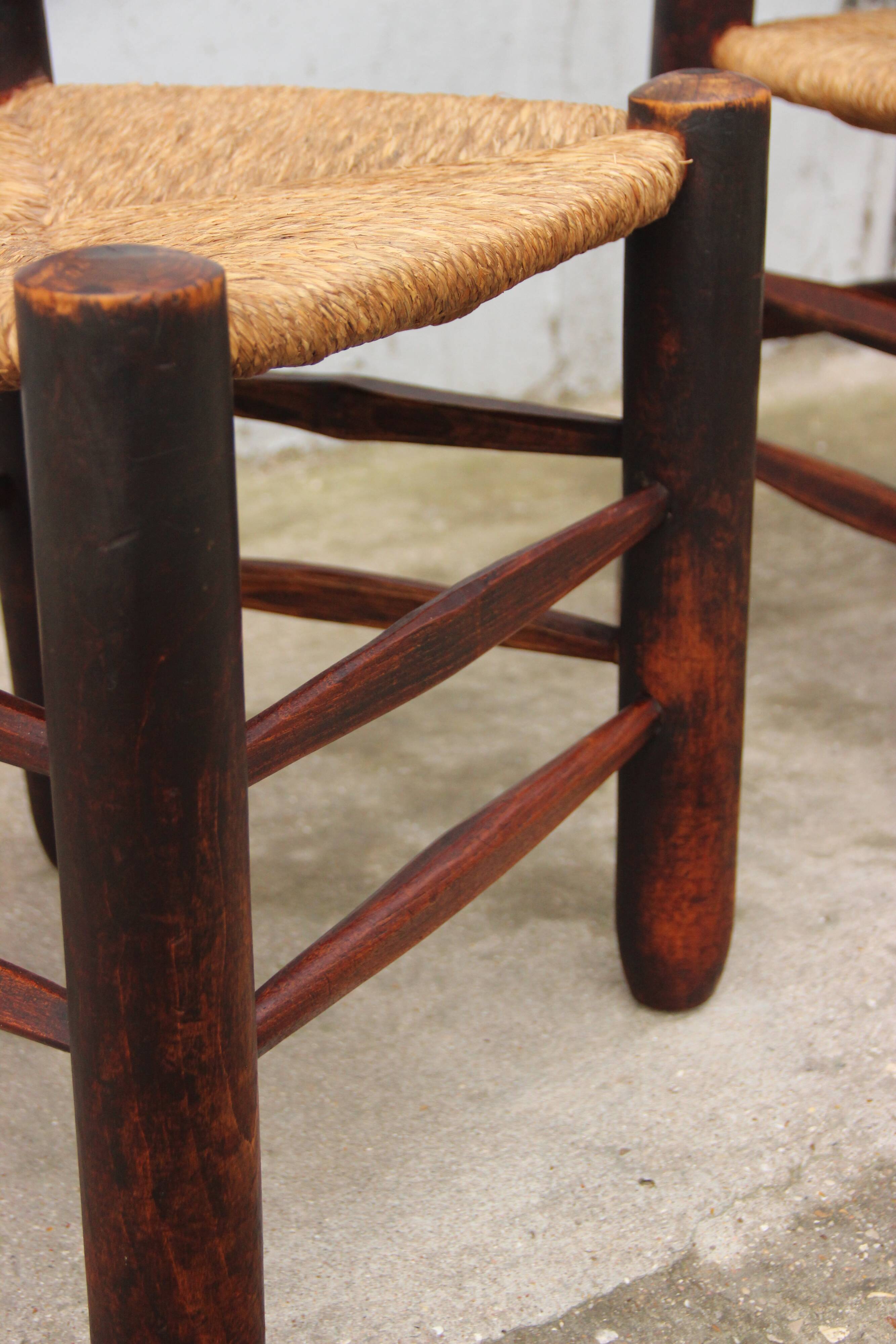 Pair of chairs in solid oak and rope, raw art