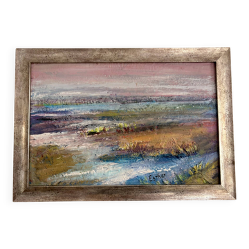 Ancien Tableau Peinture Paysage de Marée Marais Littoral Impressionniste