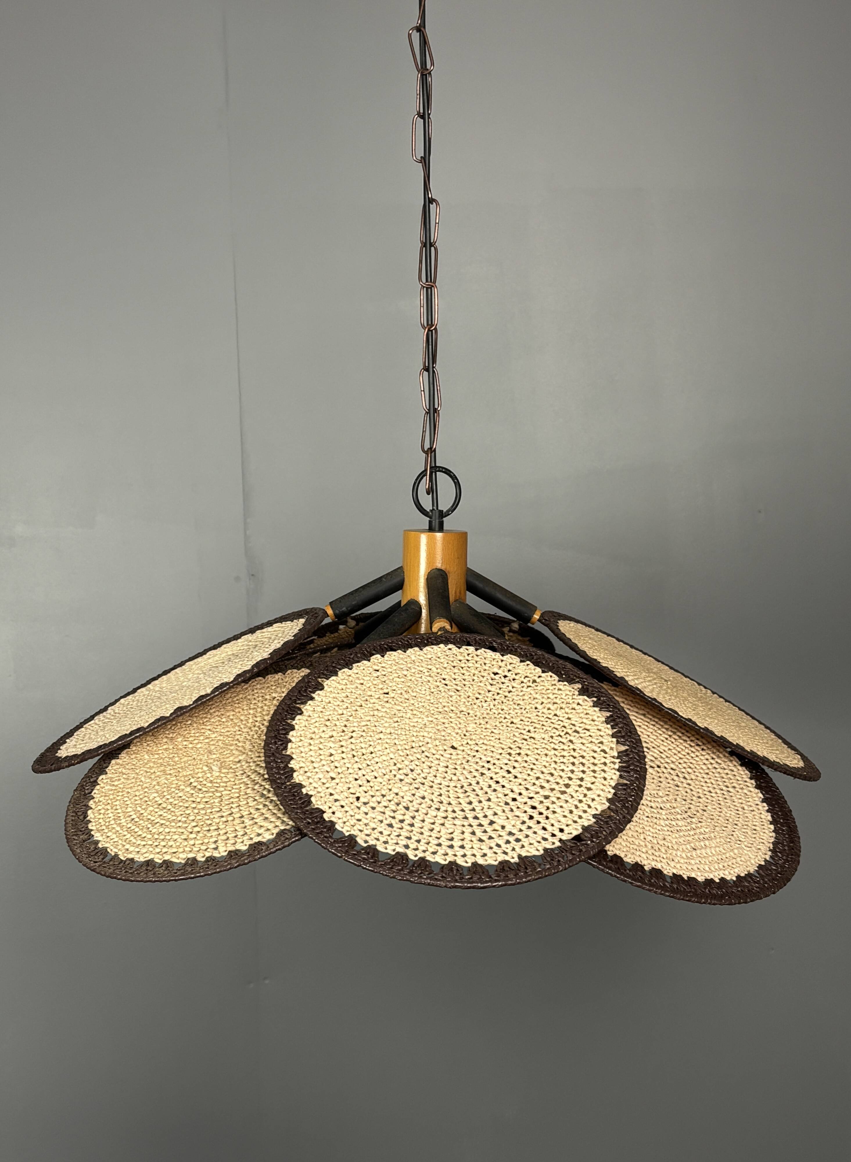 Midcentury uchiwa fan macrame fiber rattan hanging pendant lamp, 1970s