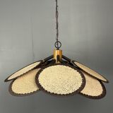 Midcentury uchiwa fan macrame fiber rattan hanging pendant lamp, 1970s