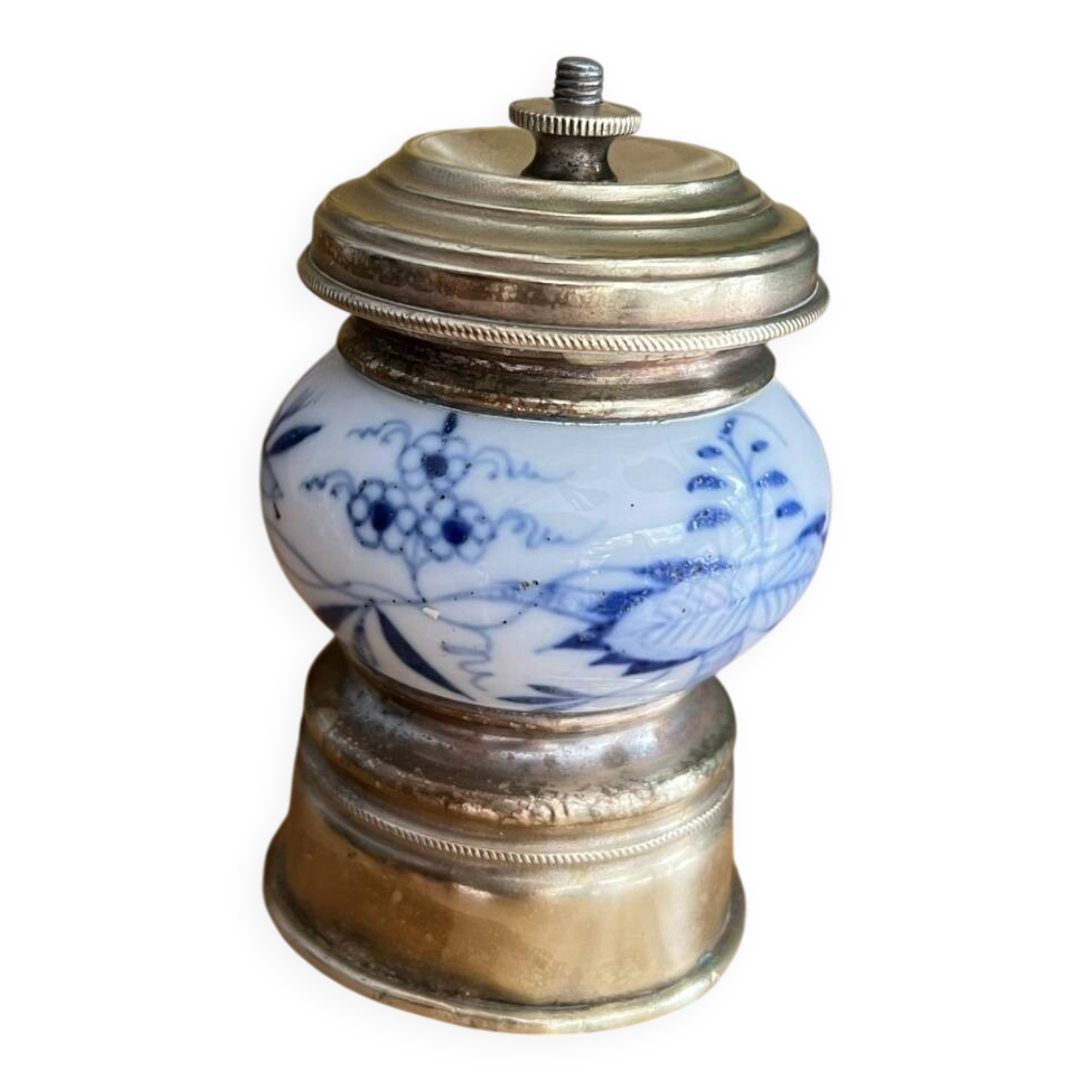 Antique porcelain pepper mill with floral design and gold-plated metal / brass –