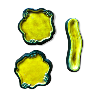 Set of 3 enamelled cracked ceramics signed Jeannine Gilles