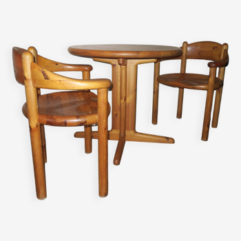 Pair of elbow chairs and side table in patinated pine by Rainer Daumiller for Hirtshals Sawmill 1960