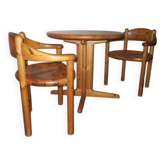 Pair of elbow chairs and side table in patinated pine by Rainer Daumiller for Hirtshals Sawmill 1960