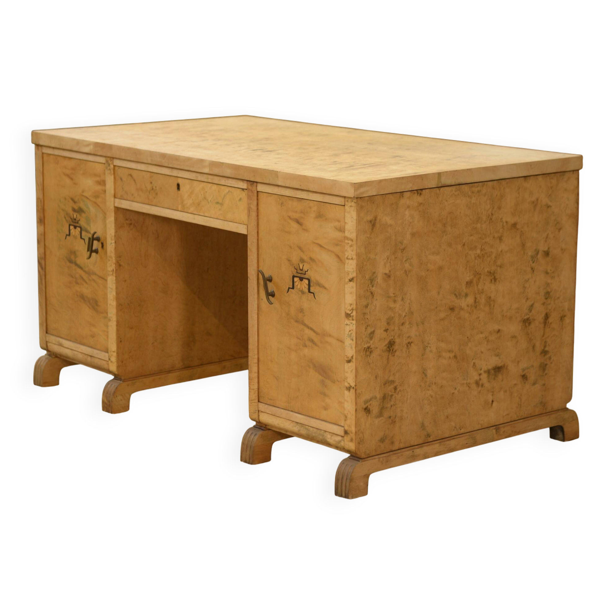 English desk in birch veneer with bee pattern marquetry from the 1950s.