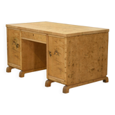 Bureau anglais en loupe de bouleau marqueterie en motif d’abeille 1950’s