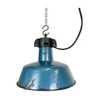 Lampe d’usine en émail bleu industriel avec plateau en fonte, années 1960