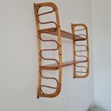 Wall shelf double modular rattan & vintage wood 50s