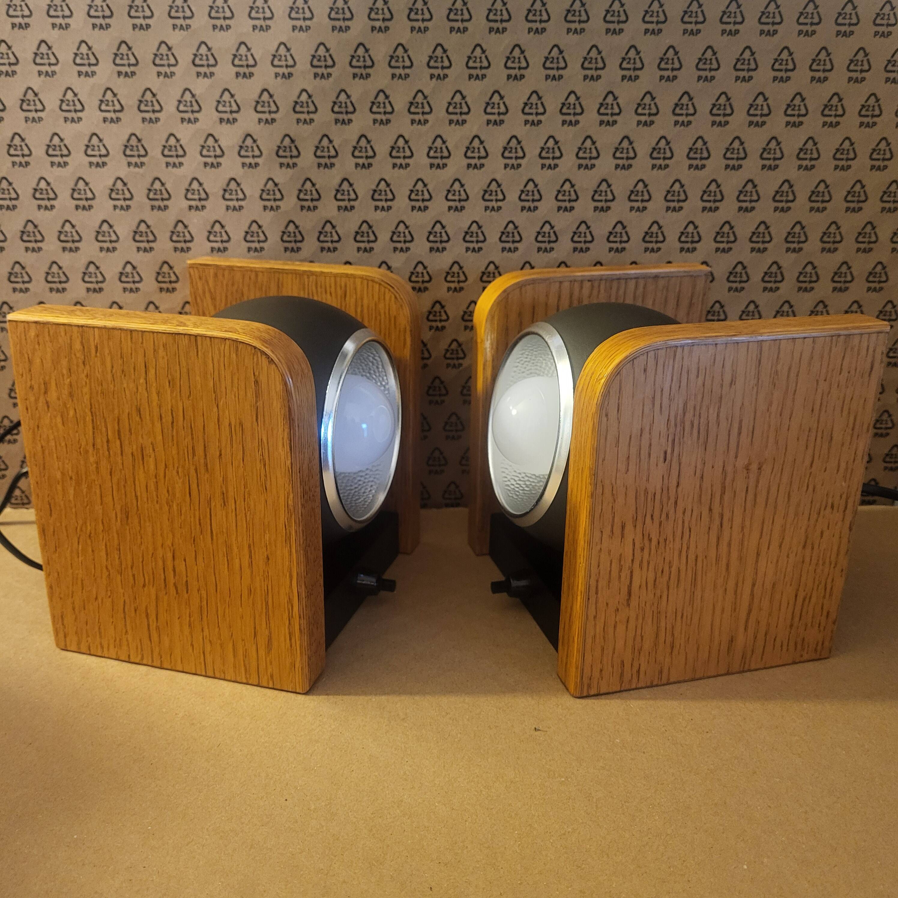 2 white eye lamps, wood, metal, vintage, Germany