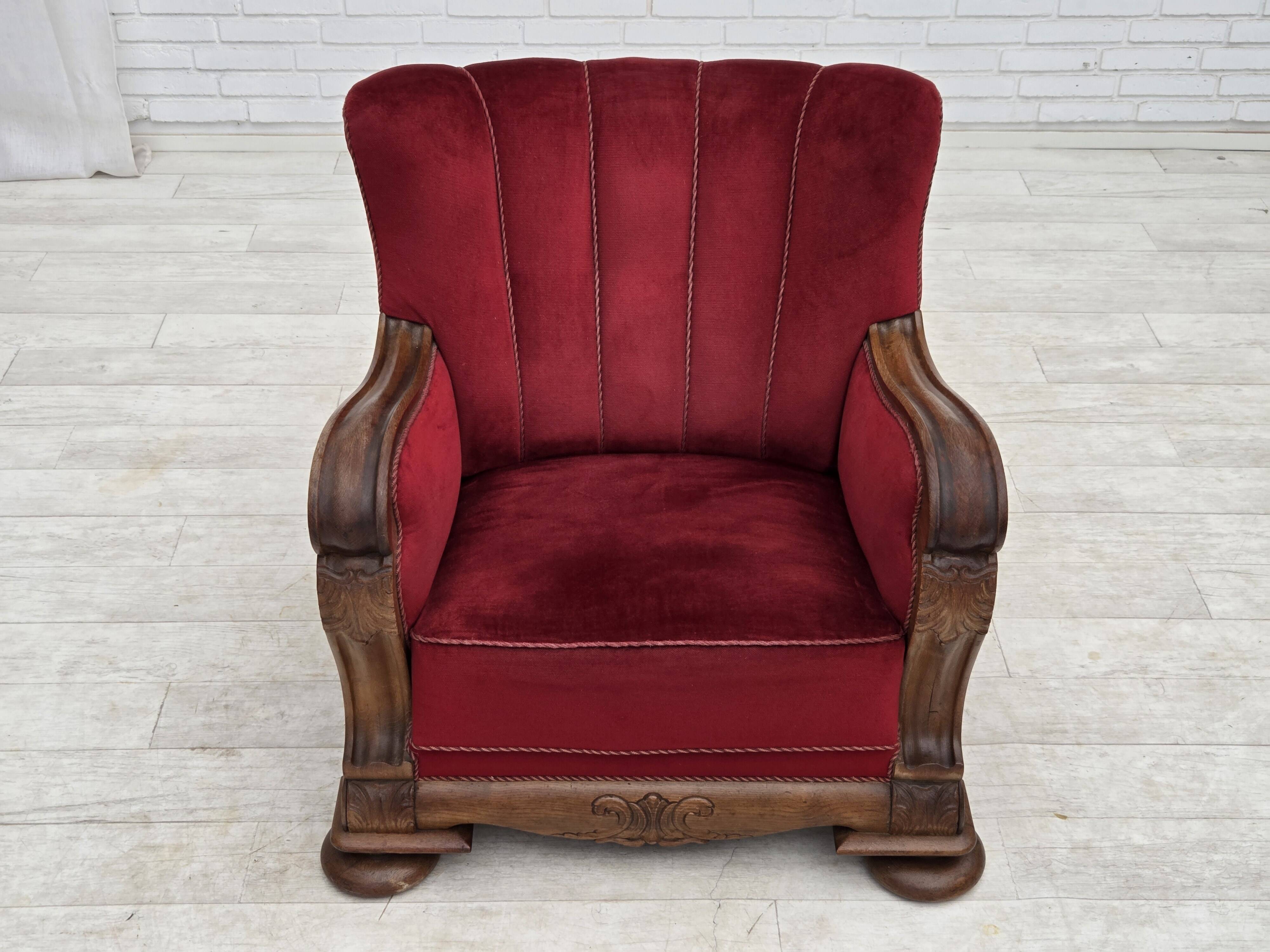1950s, Danish relax armchair, furniture velour, carved oak wood.
