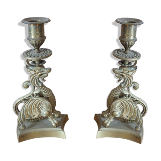 Pair of bronze candlesticks decorated with chimeric dragons