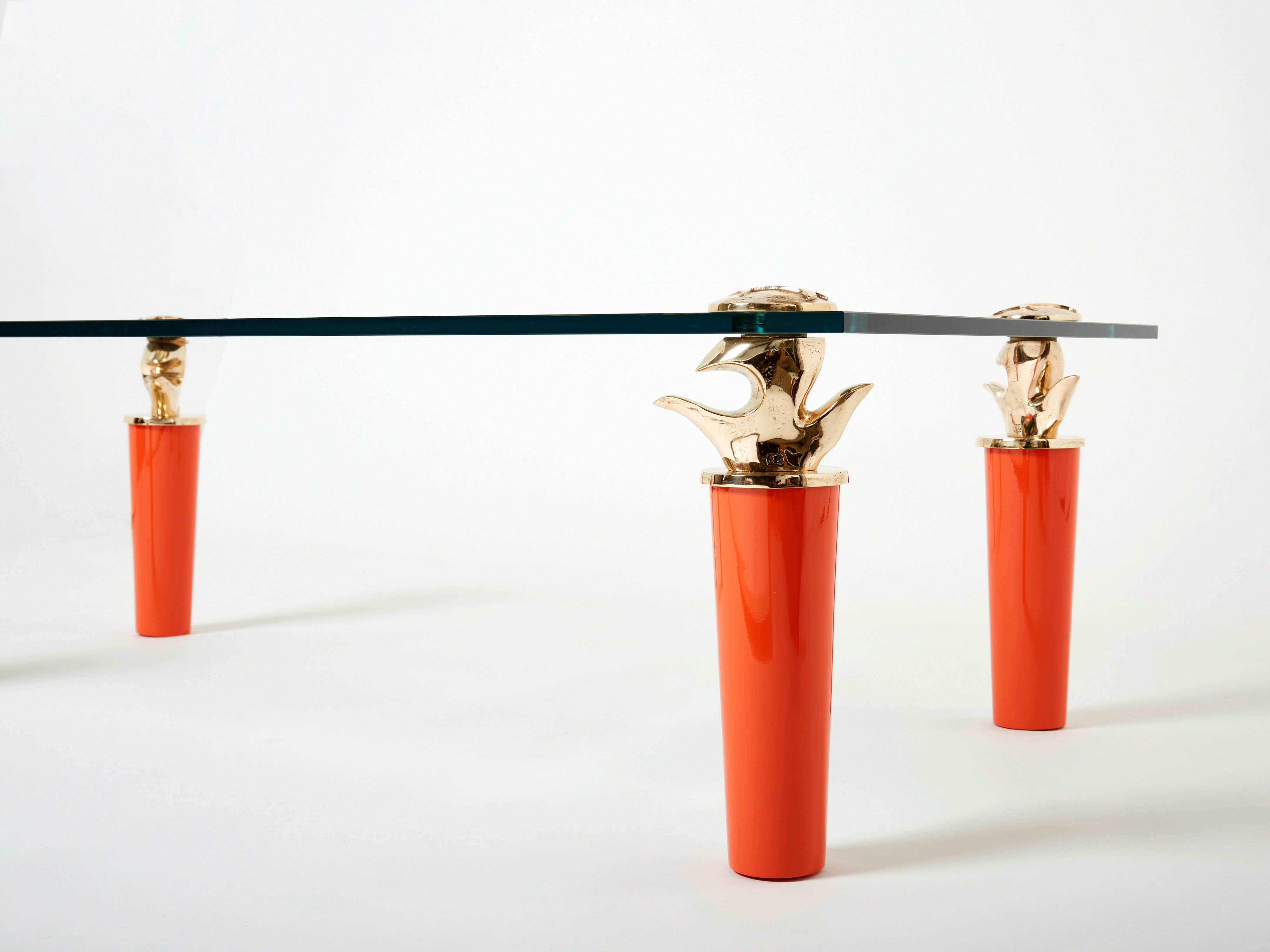 Rare coffee table lacquer orange bronze glass signed Garouste & Bonetti 1995