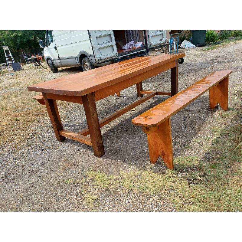 Table de ferme campagnarde en chêne et pin + 2 bancs
