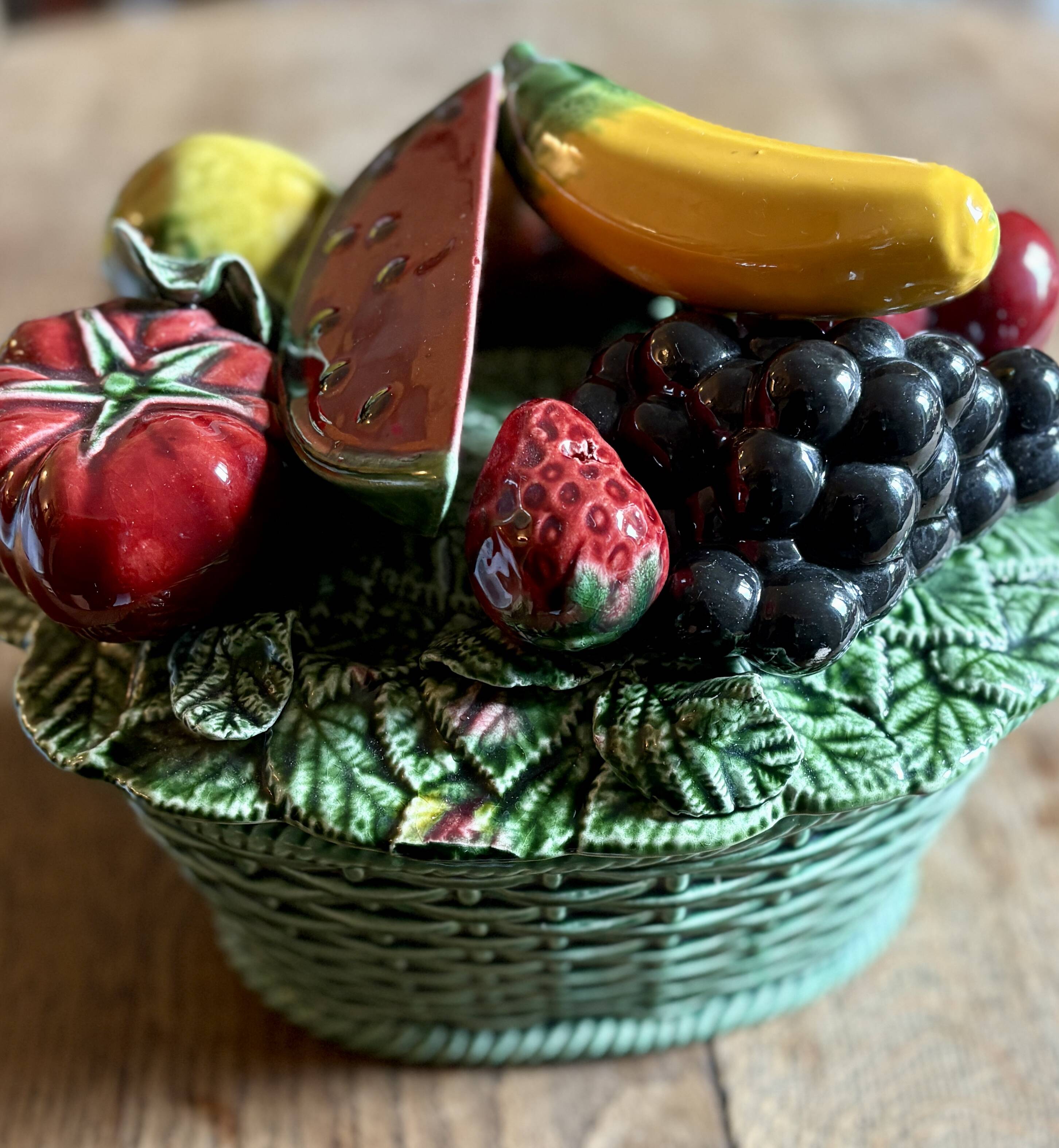 Vintage barbotine dish with fruit decorations