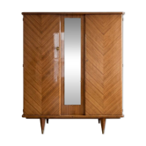 Armoire rétro en placage bois : 3 portes avec miroir et pieds compas