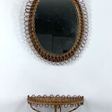 Mid-Century Shelf Console Table with Wall Mirror in rattan and bamboo. Italy 1960s